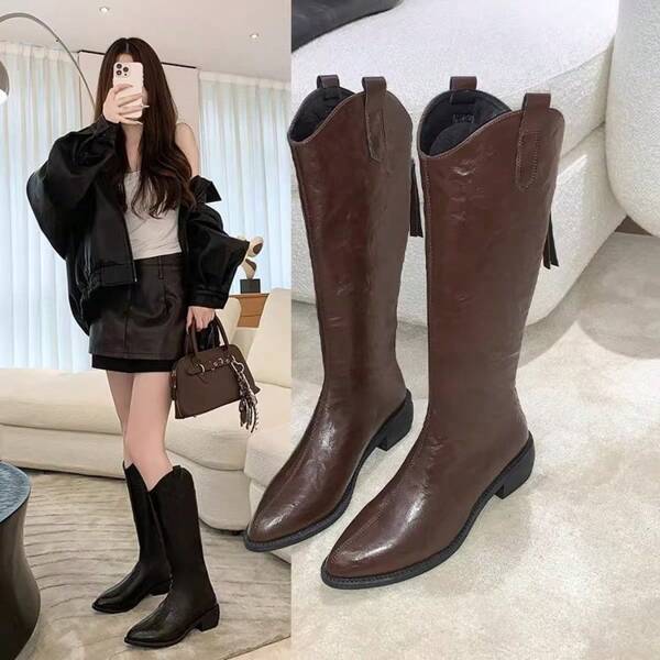 1 Pair Women's Pointed Toe Chunky Heel Thick Sole Tall Boots, Rubber Anti-Slip Sole, Back Zipper Design, Fashion Versatile High Shaft Boots, Brown Waterproof Elegant Autumn/Winter Over-The-Knee Boots, Outdoor Boots