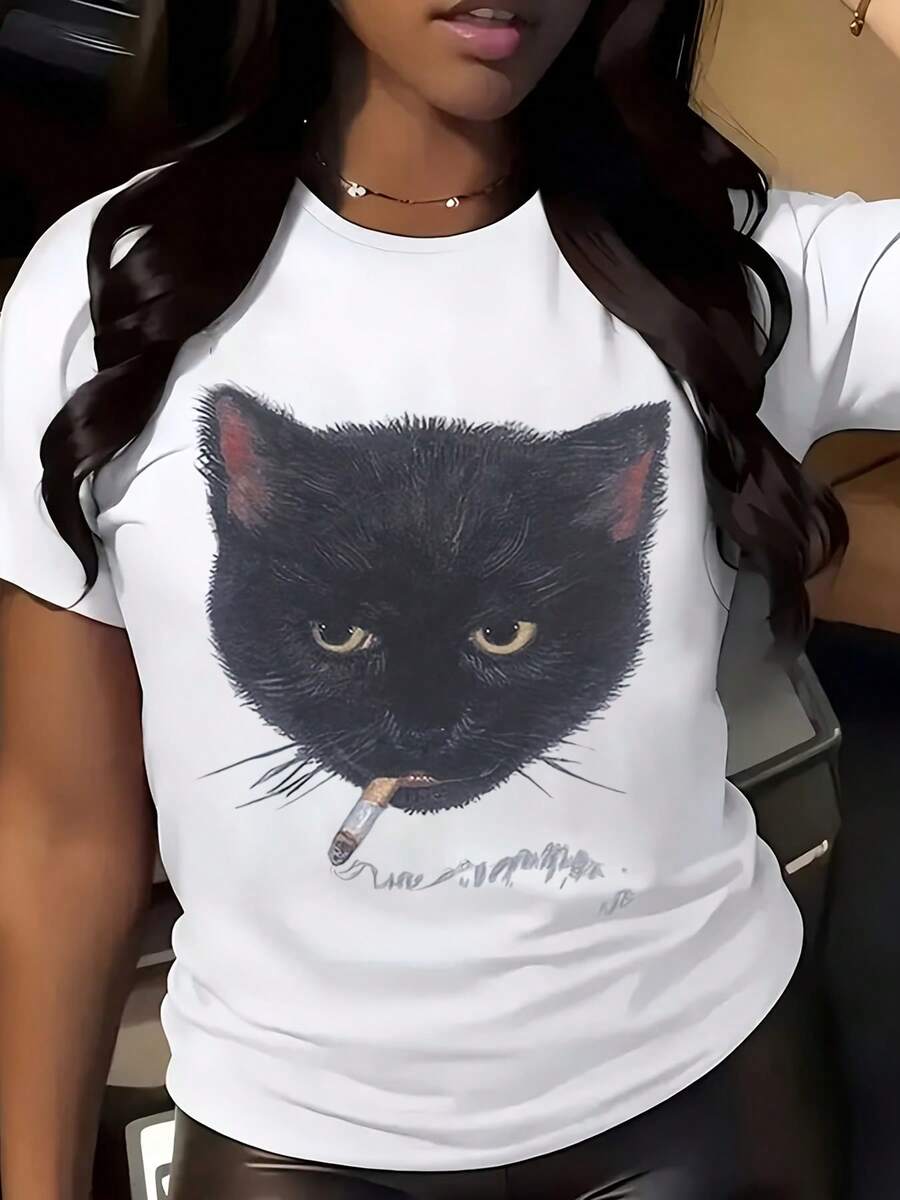 80'S Made 90'S RAISED MUSIC Print Street T-Shirt, Plus Size Women'S With Retro 80s And 90s Party Graphics, High Stretch Knit Fabric Suitable For Daily Wear At Home, Outdoor Sports And Casual Wear Casual Short Sleeve Top For Spring & Summer, Women's Clothing - trắng - Xem 1