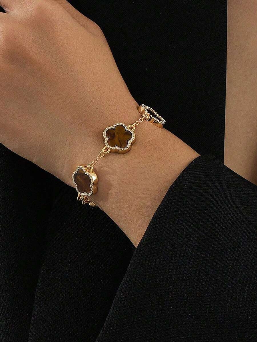 1条优雅幸运四叶草女士手链，婚礼/派对礼物 - 棕色 - 查看 1