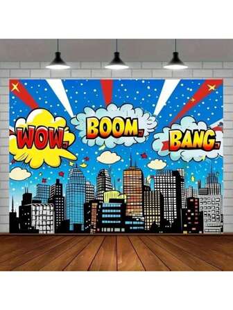 1 pièce, Fond de photographie paysage urbain de super-héros en polyester, scène architecturale de style bandes dessinées américaines, décor de fond photo pour anniversaire, bannière d'anniversaire, accessoires de studio photo, décoration de fête