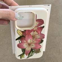 1pc TPU Material Elegant Pink Lily Flower Pattern Phone Case Compatible With Iphone/ Phones - White - View 4