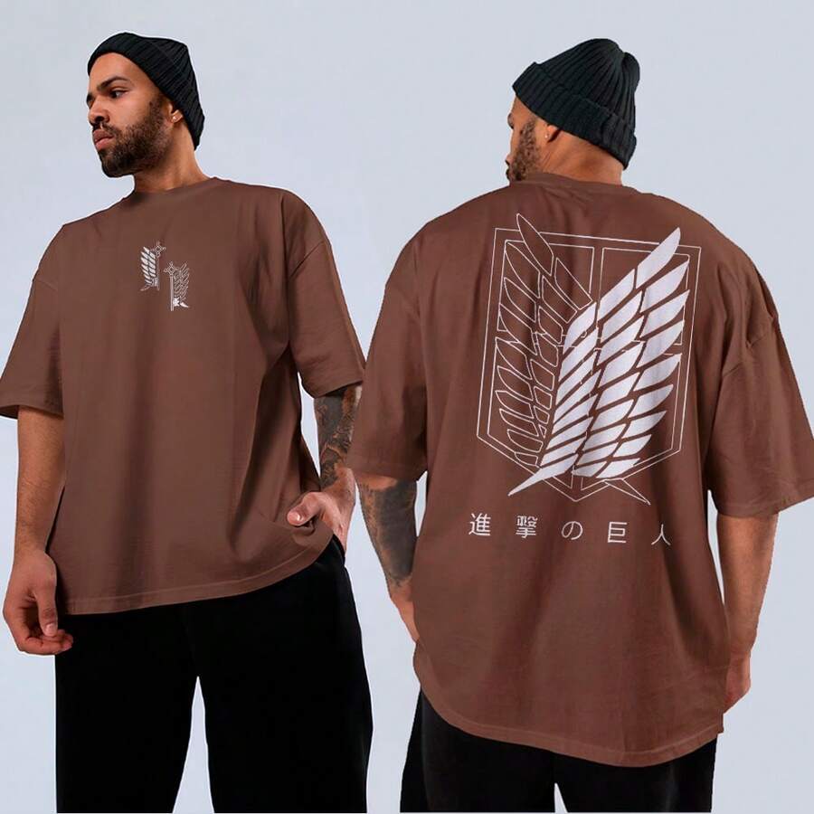 T-Shirt And Oversized Basic Cotton Anime Attack Titan Minimalist Symbol Art Logo Unisex - 鏽棕色 - 查看 1