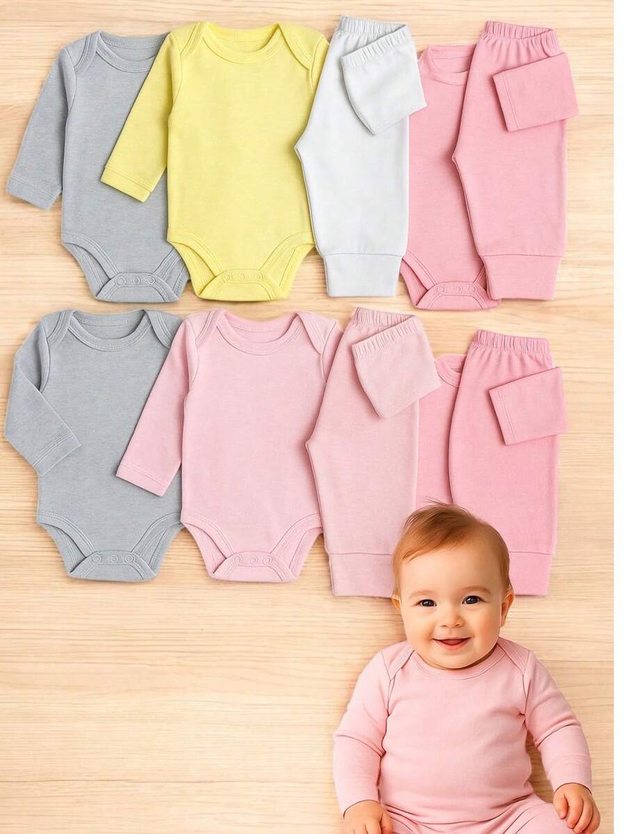 Kit 4 Peças Body Manga Longa e Calça Mijão Vira Pé 100% Algodão Bebê Menino e Menina Enxoval Recem Nascido ate 12 meses Meternidade macacão 2 conjuntos - Rosa Bebê - Visão 1