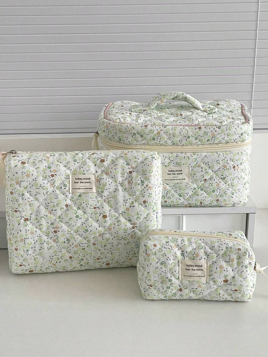 1件/套 花卉图案灯芯绒化妆包，多功能化妆品收纳袋，便携式拉链化妆品整理包，可收纳化妆品、护肤品、口红、化妆刷、护手霜、耳机、硬币、钥匙、小物件，适合居家、旅行、度假、上学、化妆包、洗漱包、旅行必备、邮轮必备、宿舍必备、伴娘礼物、母亲节礼物、生日礼物、送给朋友和老师的礼物 - 綠色 - 查看 1