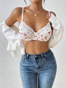 1 pieza Sujetador sexy con aros y relleno con encaje floral de cereza lindo para mujeres
