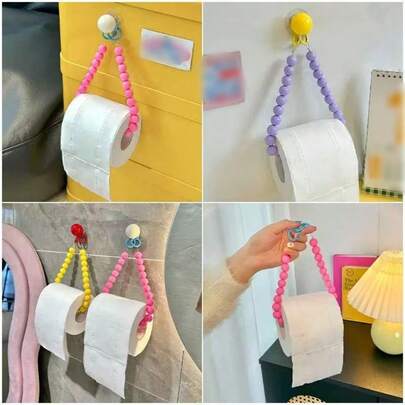 1pc Dopamine Beaded Tissue Paper Holder, Cute No-Drill Toilet Paper Roll Rack, Bathroom Tissue Storage Organizer
