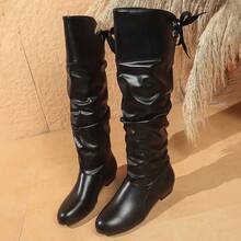 Knee-High Boots With Elegant Laces And Bow Details - Square Toe, Thick Low Heel, Laced, With Artificial Cover And Rubber Sole, Available In White, Black And Red - 黑色 - 查看 4
