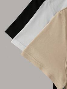 3pcs  set pack conjunto camiseta casual de mujer de unicolor, cuello redondo, manga corta, versátil - Café integral - Ver 3