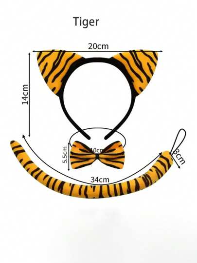 Juego de 3 piezas que incluye diadema, collar y cola con diseños de tigre, leopardo, cebra y vaca, adecuado para fiestas de Halloween y disfraces de baile.