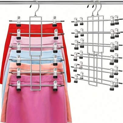 6-Tier Stainless Steel Pants Rack - Space-Saving Wardrobe Organizer With Clips - Multi-Purpose For Jeans, Scarves, Skirts & More - 6-Layer Metal Pant Hanger, Space-Saving Wardrobe Organizer For Jeans, Scarves And Skirts - Durable Powder-Coated Finish, Multi-Tier Storage, Convenient Closet Organization | Space-Saving Design | Metal Structure, Clothing Hooks