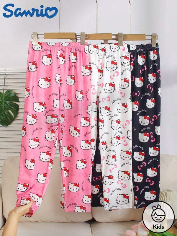 Sanrio 3pcs Sanrio Hello Kitty Printed Sleepwear Pants For Girls, Cute Casual Long Trousers For Spring/Summer/Autumn
