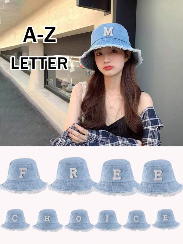 1 Piece Of 26 Character Fringed Denim Bucket Hat, Fashionable Sun Hat, Suitable For Daily Life As A Gift