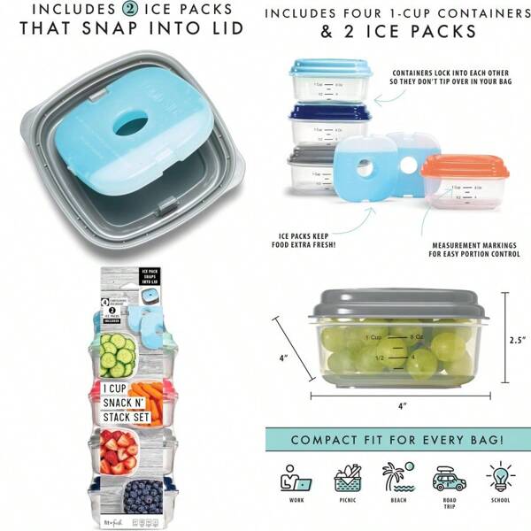 Stak Pak Recipiente reutilizable de 1 taza para control de porciones para almacenamiento de alimentos y paquetes de hielo almuerzos saludables y aperitivos para la escuela trabajo paquete de 4