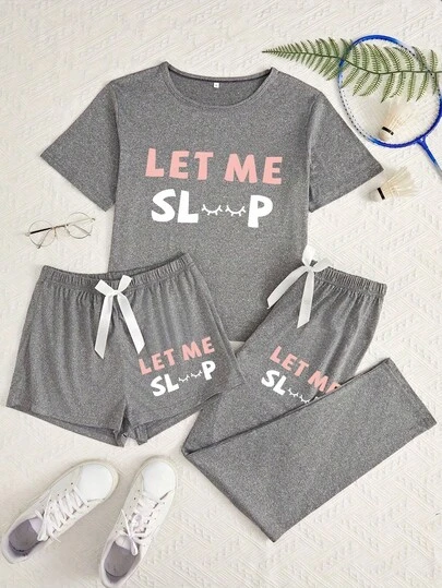 Women's Casual 3 Piece Pajama Set Short Sleeve Tops With Shorts Long Pants Elastic Waist
