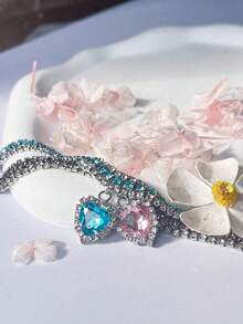 水晶心形吊坠项链，带水钻，适合猫狗，多彩公主风格宠物项圈配饰装饰，圣诞节和新年礼物，宠物三排钻石项圈带心形吊坠，可调节闪亮水钻项圈猫狗项链，适合婚礼生日派对 - 彩色 - 查看 4