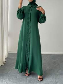 女士优雅休闲简约纽扣荷叶边宽松阿拉伯风连衣裙，适合日常休闲穿着，四季皆宜，春季款 - 墨綠色 - 查看 3