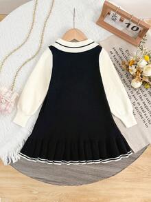 1 szt. Dziewczęca sukienka z dzianiny w stylu college'u w kształcie litery A z falbaną i kolorowym kołnierzykiem w paski, słodki styl Twofer