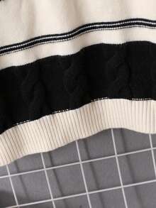 1 szt. Dziewczęcy sweter w paski, okrągły dekolt, długi rękaw, czarno-biały, trendy w modzie