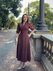 PLAIN MIDI DRESS Button WOMEN'S FASHION Daily - 鏽棕色 - 查看 4