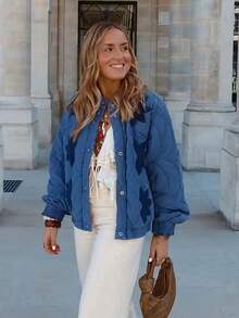 Women's Blue Quilted Stand Collar Padded Jacket Long Sleeve Pocket Casual Fall Winter Coat