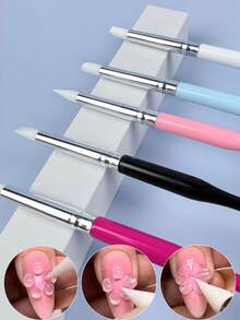 5支装粉色双头水钻美甲硅胶笔雕塑笔3D花朵雕刻DIY美甲刷指甲点钻笔