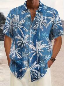 Plus Size Men's Summer Vacation Coconut Tree Print Button-Front Short Sleeve Shirt - Màu xanh lam - Xem 1