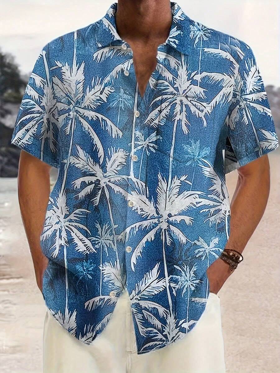 Plus Size Men's Summer Vacation Coconut Tree Print Button-Front Short Sleeve Shirt - Màu xanh lam - Xem 1