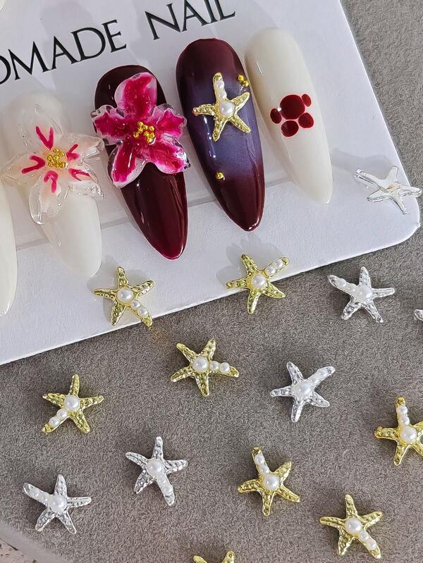 10 pièces Décorations d'ongles en forme d'étoile de mer dorées et argentées, bijoux métalliques Y2K, accessoires indispensables pour la plage. Pour le DIY, l'art des ongles, les pierres décoratives pour ongles et les fournitures pour l'art des ongles