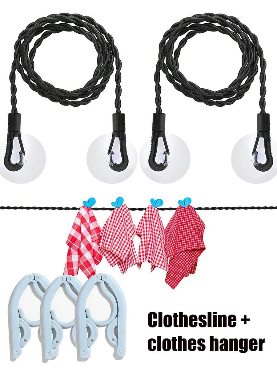 弹力挂衣绳 旅行挂衣绳 带折叠衣架 便携可伸缩挂钩吸盘露营挂衣绳 带吸盘户外挂衣绳 多功能晾衣工具 家用便携绳 无需打孔 适用于旅行酒店租房学生宿舍居家使用 - 彩色 - 查看 1