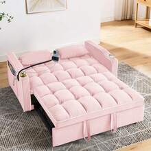 55.51 Inch Versatile Foldable Sofa Bed In 3 Lengths, Modern Sofa Sofa Sofa Velvet Pull-Out Bed, Adjustable Back And With USB Port And Ashtray And Swivel Phone Stand (PINK) - Hồng - Xem 3