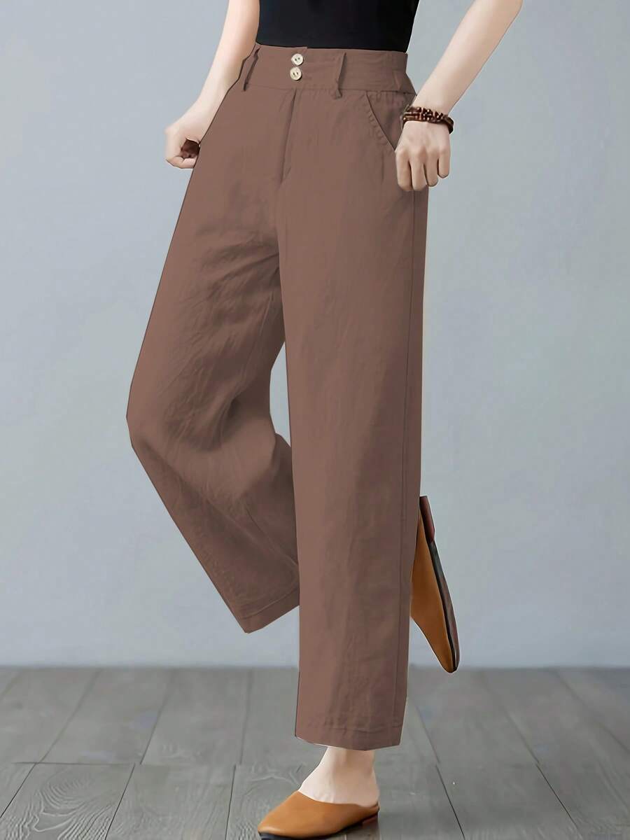 Women's Casual Solid Color Minimalist Pocket Pants Spring - Coffee Brown - View 1