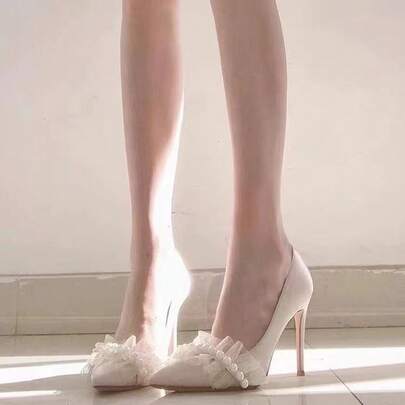 スティレットハイヒール、高級妖精風アプリコットカラー、優しい婚約靴、優しい風気質のウェディングシューズ、サテンシングルシューズ、