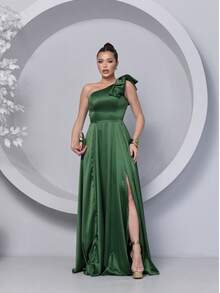 Long Dress For Bridesmaid – One Shoulder With Ruffle And Slit Elegant Simple Elegant Party Satin Side Opening Zipper Pleated Bridesmaid Civil Wedding Debutante Graduate Formal And Evening - 橄欖綠 - 查看 1