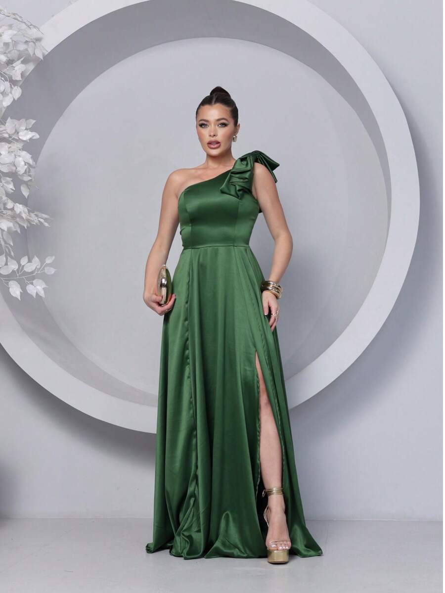 Long Dress For Bridesmaid – One Shoulder With Ruffle And Slit Elegant Simple Elegant Party Satin Side Opening Zipper Pleated Bridesmaid Civil Wedding Debutante Graduate Formal And Evening - 橄欖綠 - 查看 1