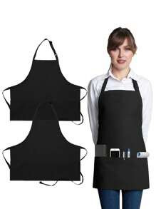 3 口袋可调节围兜围裙 - 厨师厨房烹饪围裙，男女皆宜，适合咖啡馆、茶馆、餐厅、园艺和酒吧，黑色 - 彩色 - 查看 2