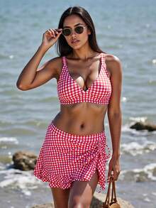 Women 2 Pieces Bikini Swimsuits Plaid Sleeveless Padded Bra High Waist Drawstring Sarongs Skirts Beach Bathing Suit Set - 紅色 - 查看 1