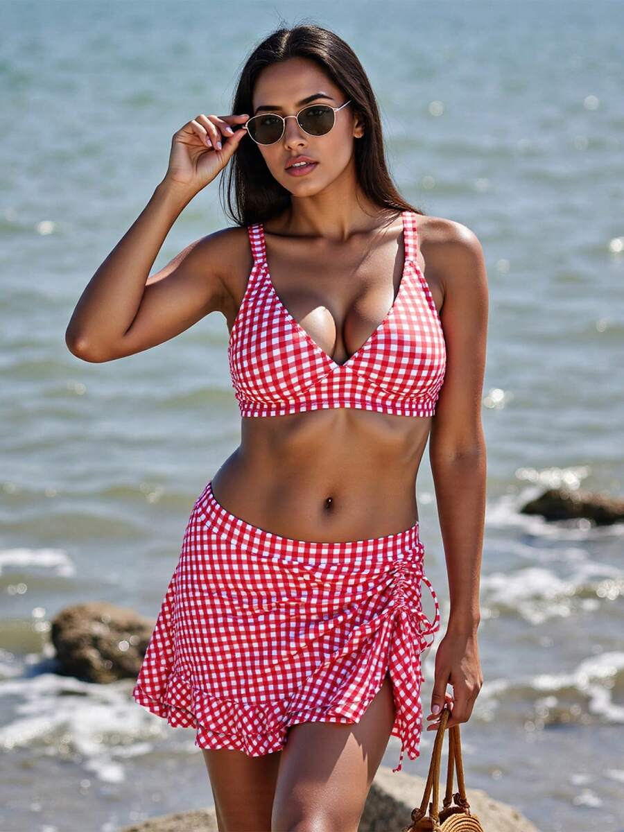 Women 2 Pieces Bikini Swimsuits Plaid Sleeveless Padded Bra High Waist Drawstring Sarongs Skirts Beach Bathing Suit Set - 紅色 - 查看 1
