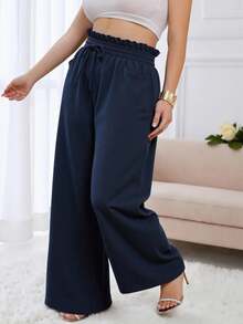 Plus Size High Waisted Wide Leg Pants For Women - Navy Blue Flowy Drawstring Pants With Side Pockets, Comfortable Wrinkle-Resistant For Fall Winter Lounge & Vacation - Navy Blue - View 4