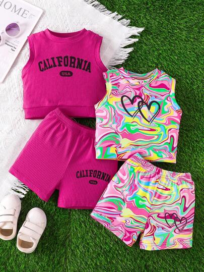 Ensemble 4 pièces pour bébé fille, débardeur et short décontractés à imprimé lettres et cœurs, printemps/été