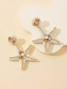海星和珍珠水钻装饰波西米亚海滩时尚珠宝耳环女士 - 米色 - 查看 3