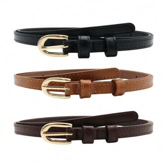 1pc/3pcs Vintage Small Leather Belt, Women Casual Jeans Belt, Simple Versatile Skinny Decorative Belt, Solid Color, Suitable For Spring, Summer, Autumn, Winter