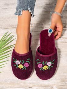 2025 New Fashion Embroidered Slip-On Slippers, Suitable For Indoor & Outdoor Wear, Mesh Material - Burgundy - View 1