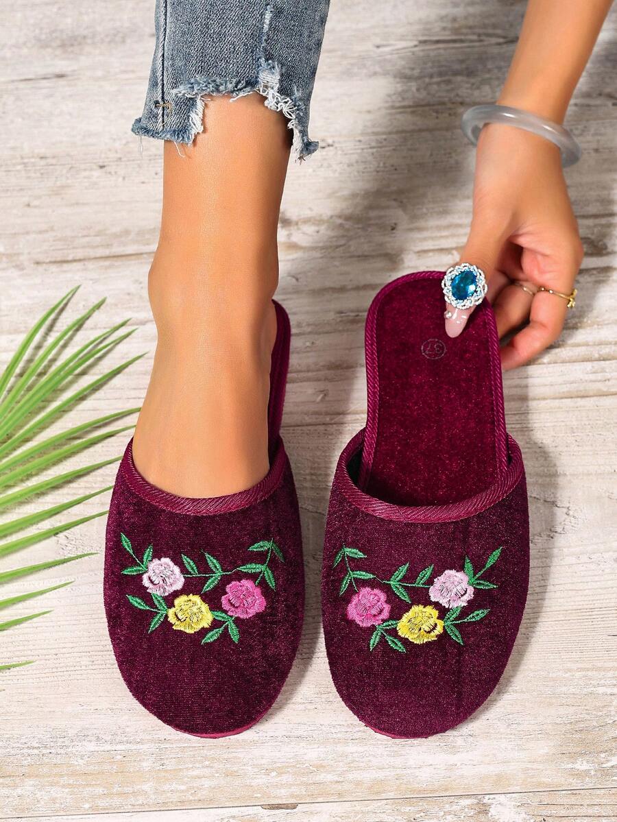 2025 New Fashion Embroidered Slip-On Slippers, Suitable For Indoor & Outdoor Wear, Mesh Material - Burgundy - View 1