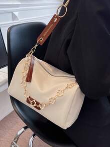 حقيبة كتف دلو ذات لونين، حقيبة كتف من قماش البولي يوريثان مرقعة مزينة بسلسلة معدنية، مناسبة للسفر والتسوق والمواعدة، هدية للنساء، مناسبة للمراهقات وطالبات الجامعة والعمل والأعمال والتنقل، حقيبة يد صغيرة أنيقة وعصرية