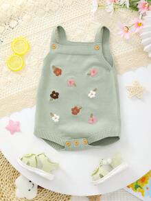 女婴夏季薄款针织花卉刺绣吊带连体衣，爬行服 - 軍綠色 - 查看 2