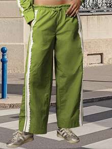 Women's Summer Baggy Track Pants Stylish Lace Side Striped Mid Rise Wide Leg Drawstring Trousers - Green - View 3