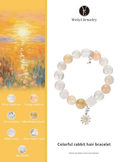 VE 1 pieza Pulsera de plata de ley S925 de alta calidad con cristal multicolor natural y pelo de conejo, pulsera de cristal blanco, elegante y auspiciosa, adecuada para uno mismo, novia, amiga, madre, unisex. Los colores de la joyería son aleatorios