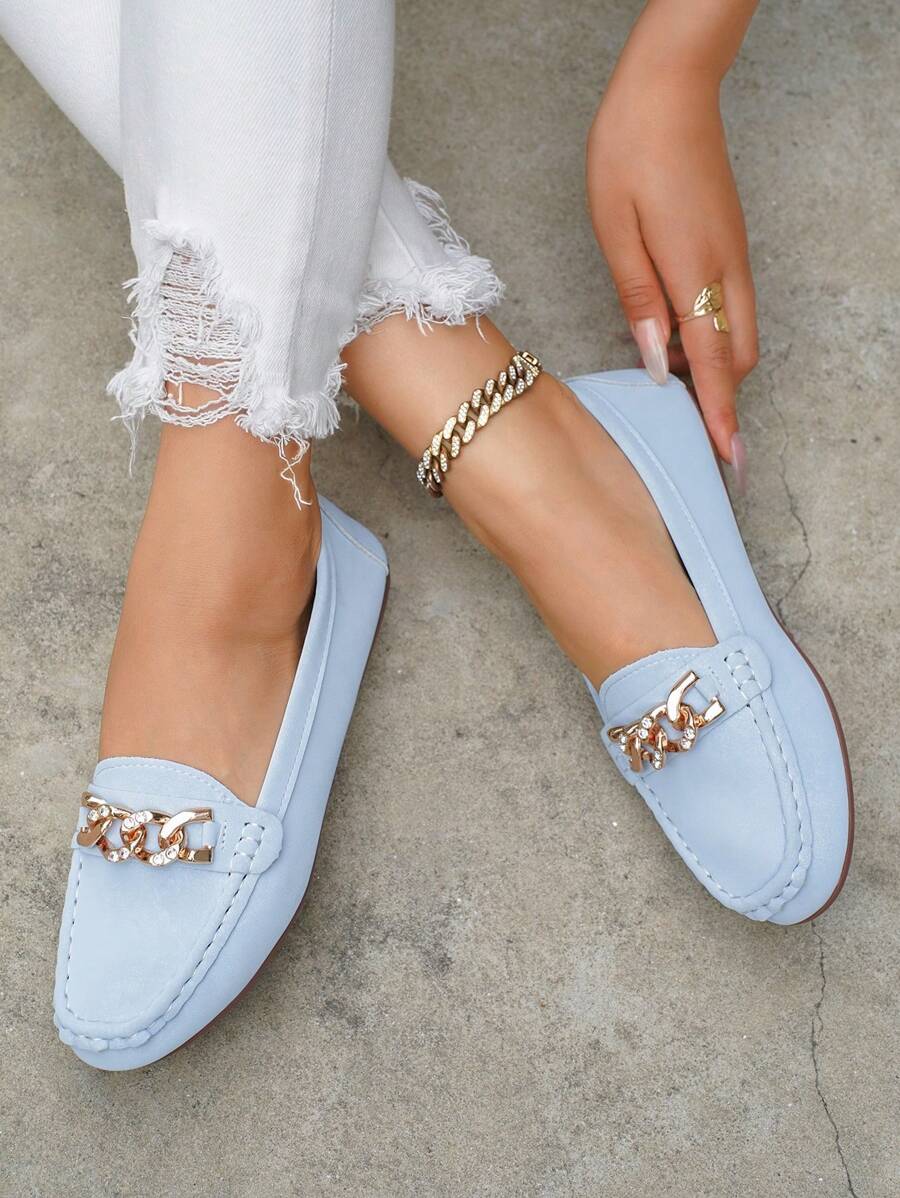 Women's Spring New Gold Chain Elegant Slip-On Loafers, Lightweight Comfortable Versatile Rubber Flat Shoes - Light Blue-chain - View 1