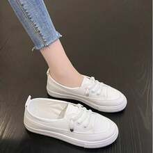 Zapatillas de deporte para mujer,Zapatos blancos con suela plana, zapatos deportivos con tirantes delanteros, zapatos de colores sólidos, zapatos de tablero con suela plana - Blanco - Ver 3
