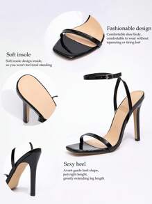 女士方头纯色漆皮交叉踝带细高跟凉鞋，优雅时尚派对正装鞋，黑色 - 黑色 - 查看 7